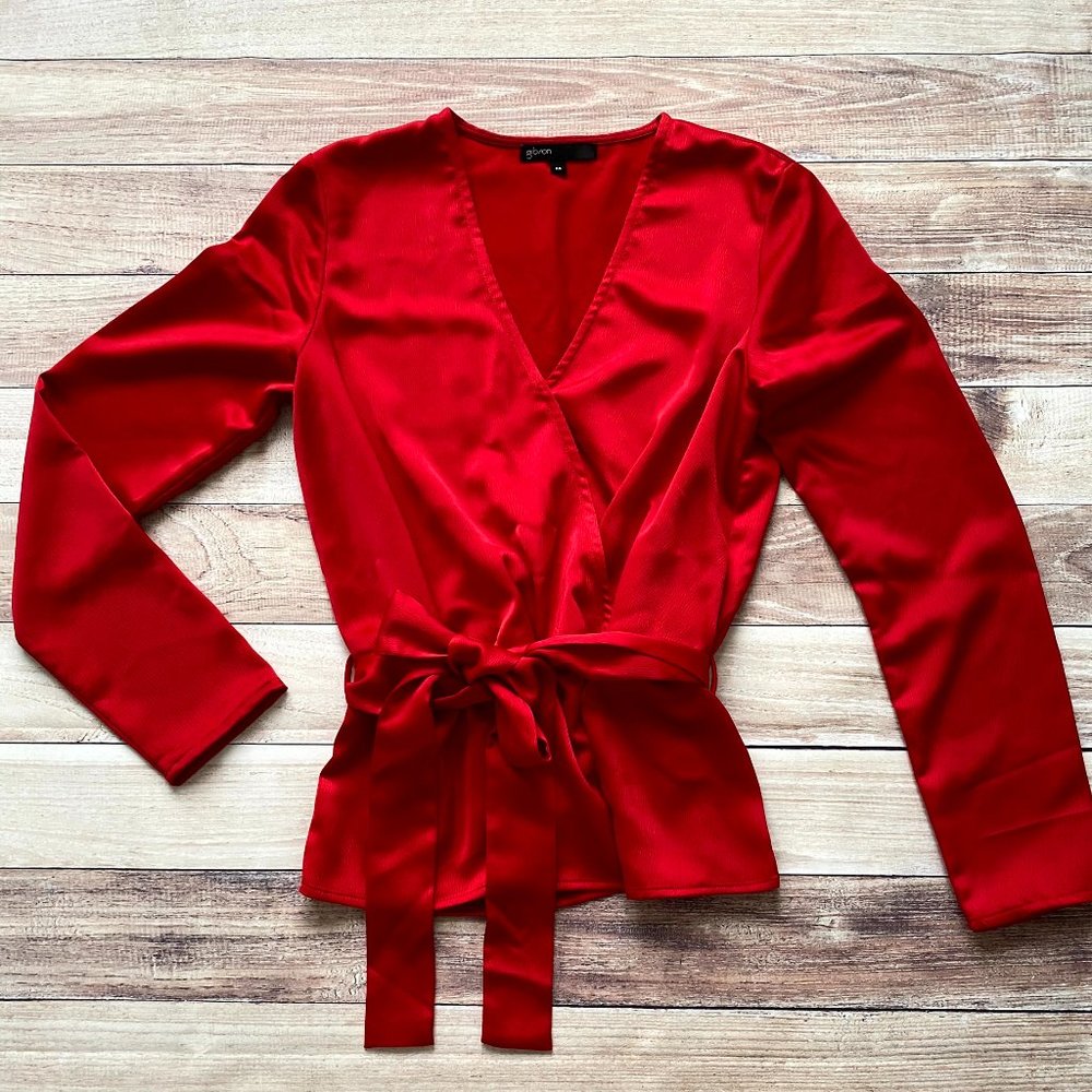 Women's Gibson x Glam Squad Red Surplice V-Neck Long Sleeves Faux Wrap | Size XS
